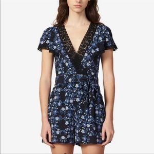 Sandro Paris Blue Floral Romper with Black Lace Detail and Tie Waist